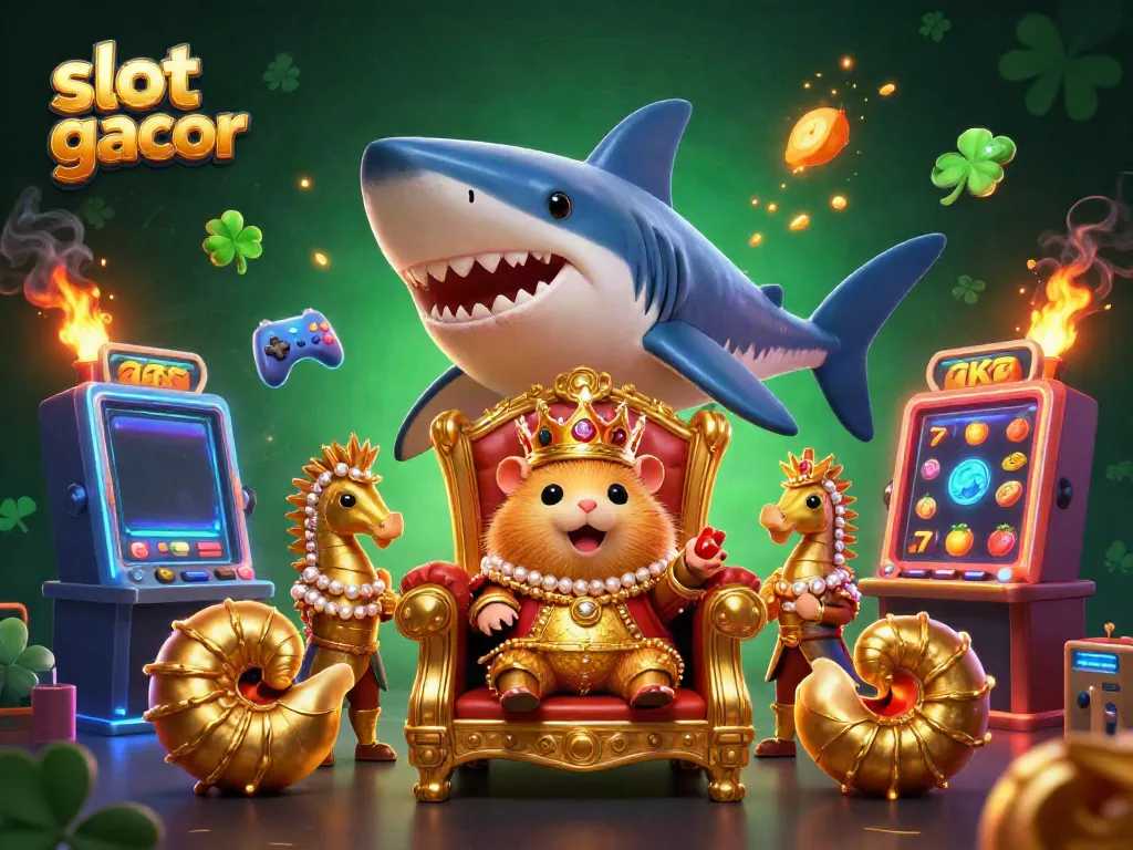 Experience the excitement of slot gacor with a dynamic 3D illustration featuring a hamster king and colorful slot machines.