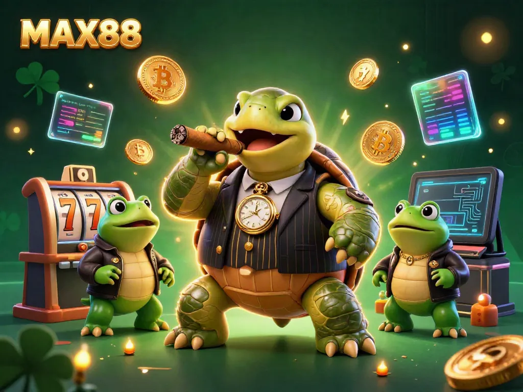 MAX88 showcases a vibrant 3D casino scene featuring a mobster turtle and bullfrog enforcers with slot icons.