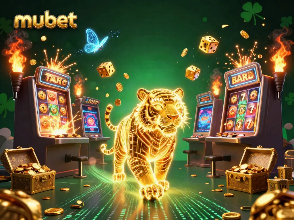 Experience the thrill of mubet with a vibrant casino scene featuring a golden tiger and dynamic gaming elements.