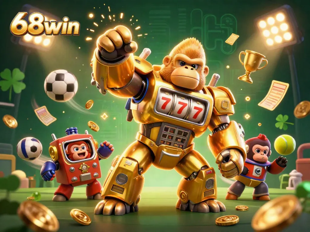 Experience thrilling wins with 68win; dynamic 3D gorilla mech amidst sports elements exploding with excitement.