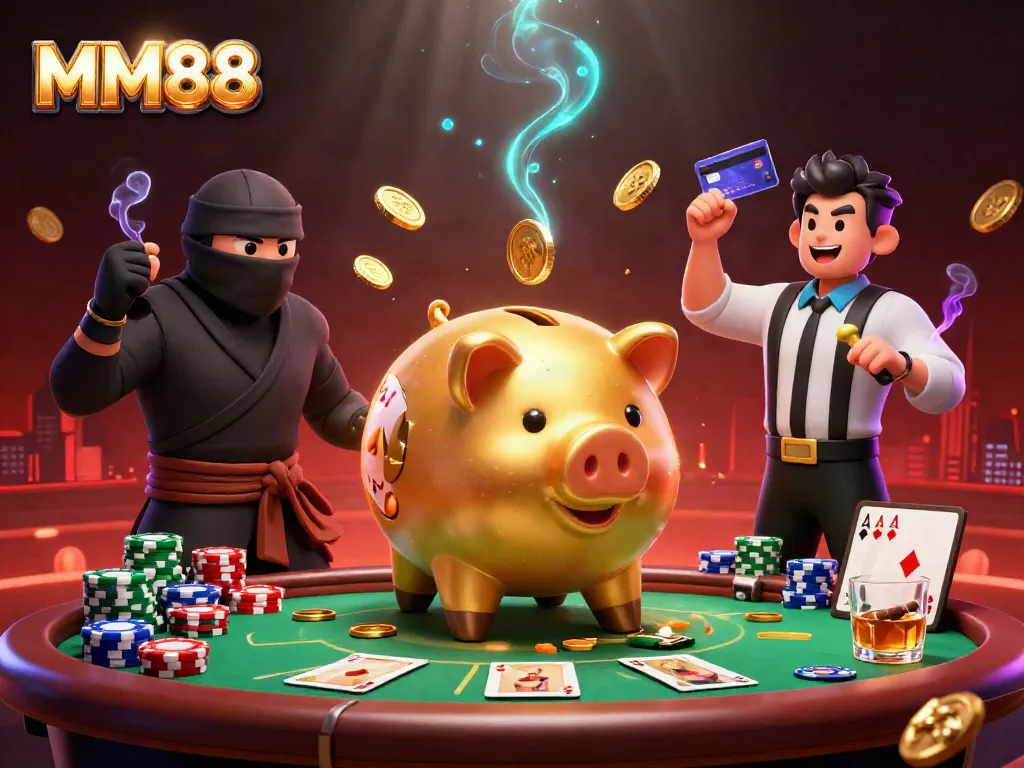 MM88's dynamic 3D casino scene featuring a golden piggy bank wrestler, wallet ninja, and credit-card samurai.