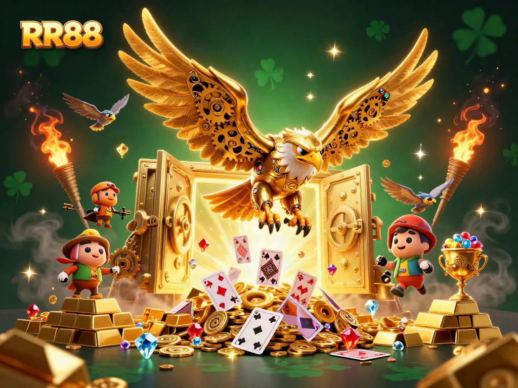 Experience the thrill of RR88, a vibrant 3D casino adventure with a golden eagle soaring through treasures and holographic cards.