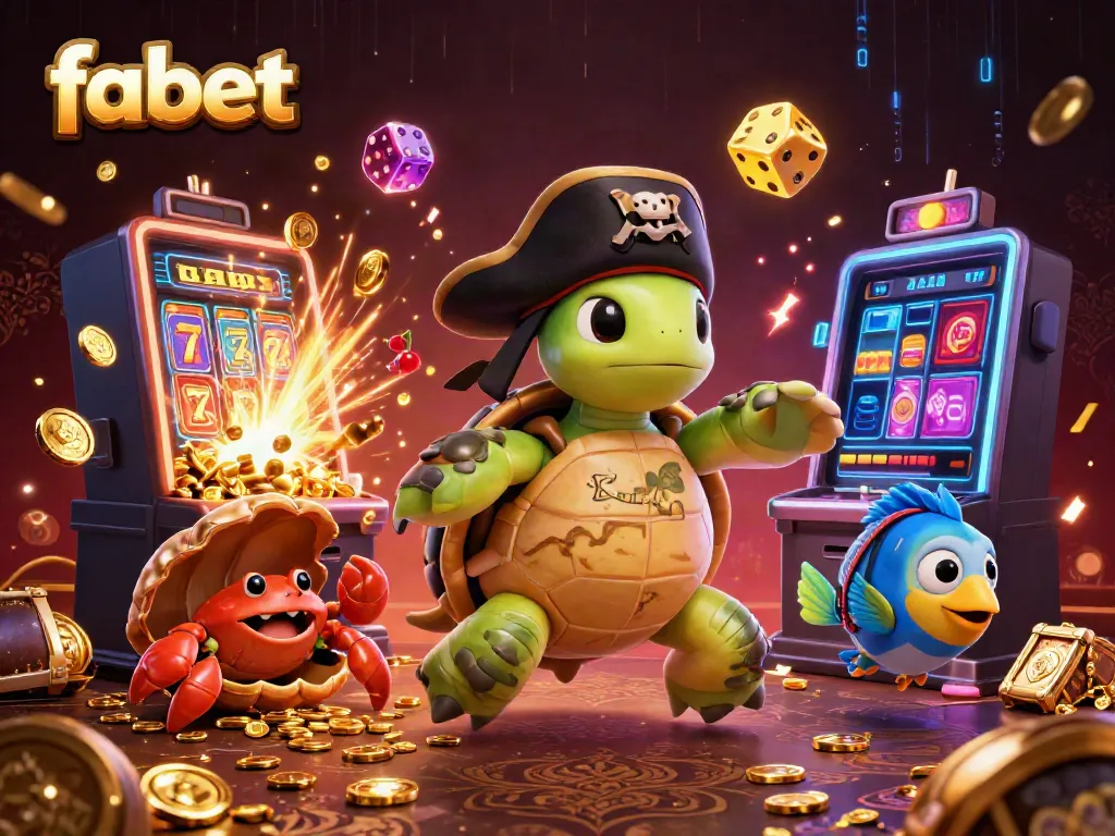 Engage in thrilling gaming at fabet with cartoon turtle pirates and treasure, surrounded by vibrant casino elements.
