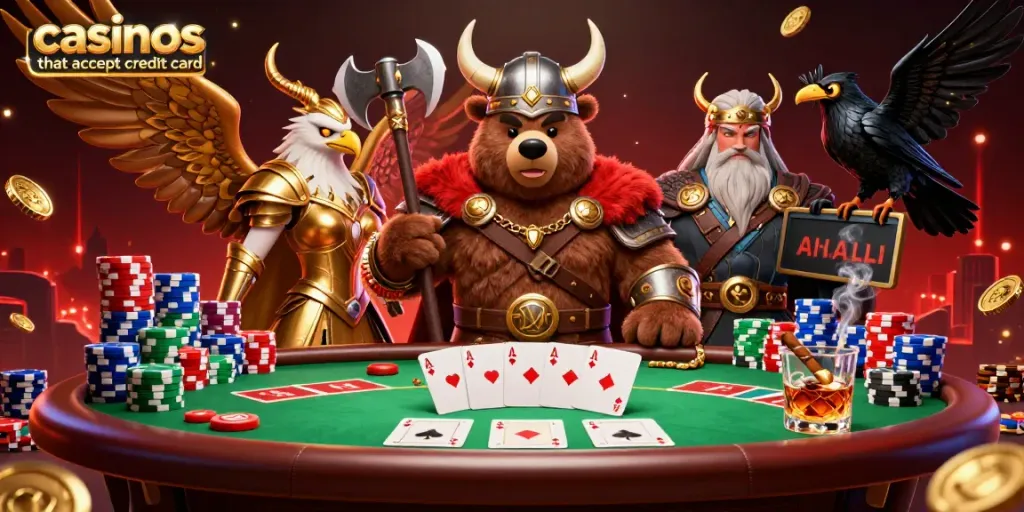 Experience thrilling gameplay at casinos that accept credit card with Viking and poker elements.