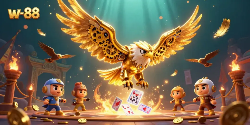 Experience thrilling action with the w-88 online casino, showcasing a dynamic 3D gaming scene.
