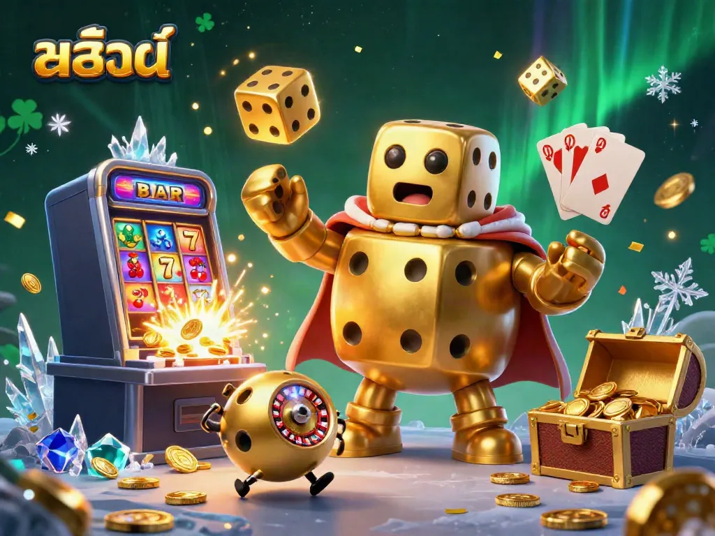 Experience thrillingสล็อตออนไลน์ action with golden dice and explosive jackpots in a vibrant casino scene.