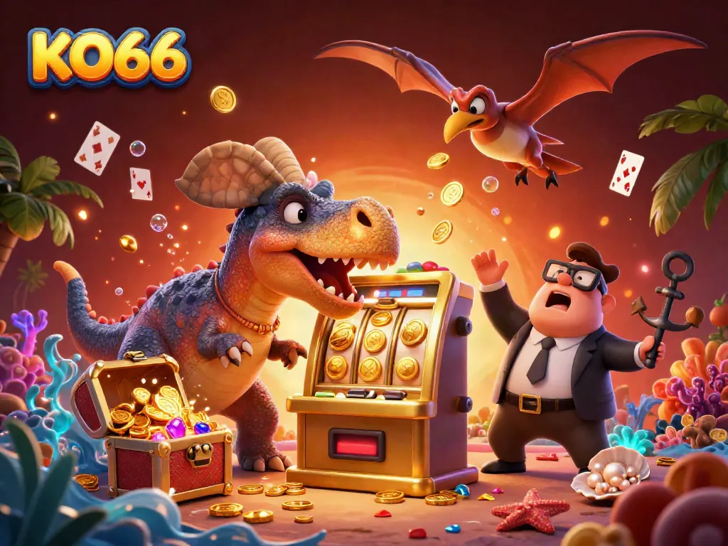 KO66 casino dynamic scene with a cartoon dinosaur, slot machine, and flying coins.