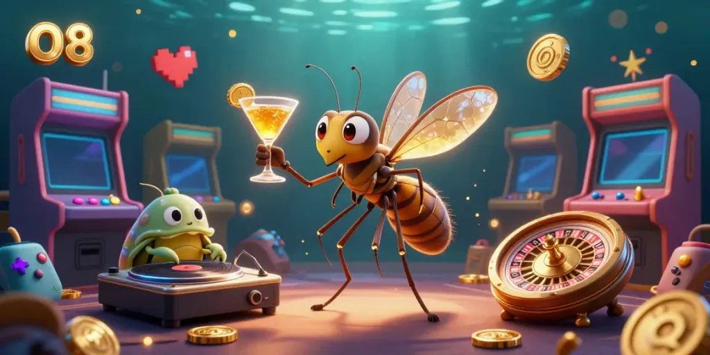 Experience O8's vibrant casino world with a frozen mosquito mascot, trilobite DJ, and golden games.