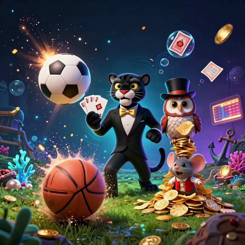Panther, owl and mouse amid casino loot, with a soccer ball and neon spray in a treasure cove.