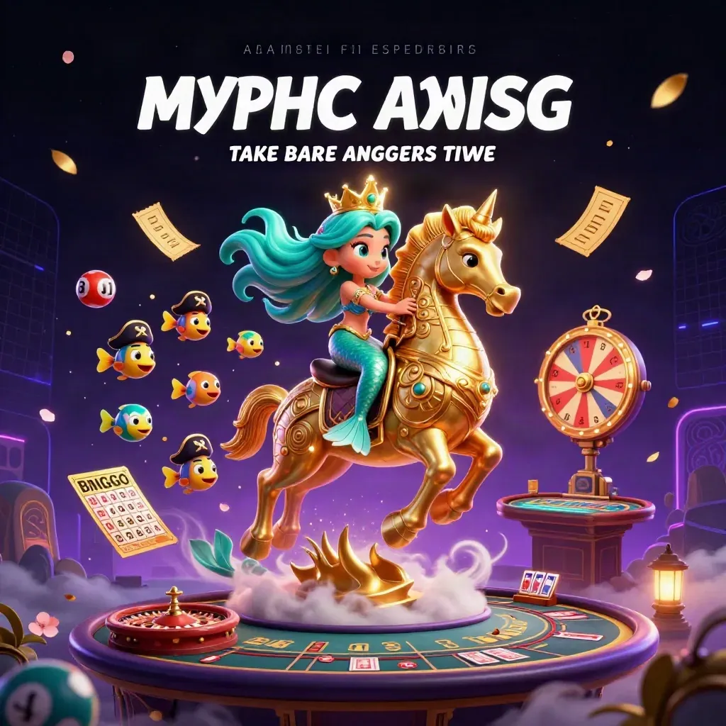 Mermaid princess on golden seahorse with pirate fish, casino symbols exploding in neon light