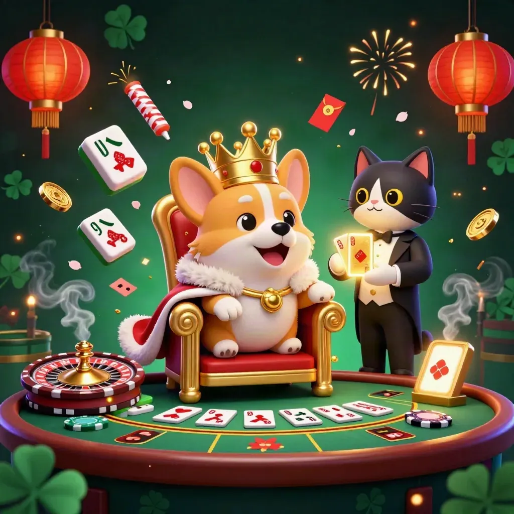 Royal corgi and cat butler amid casino magic, lanterns, jade coins, and neon roulette glow.
