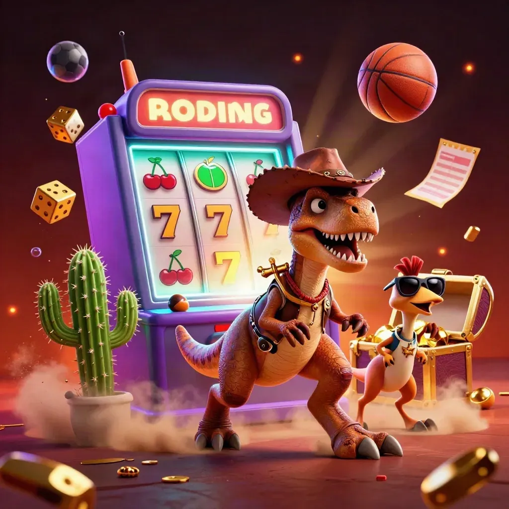 Cowboy T-Rex, cactus sidekick, and roadrunner burst past a slot machine and flying sports balls.