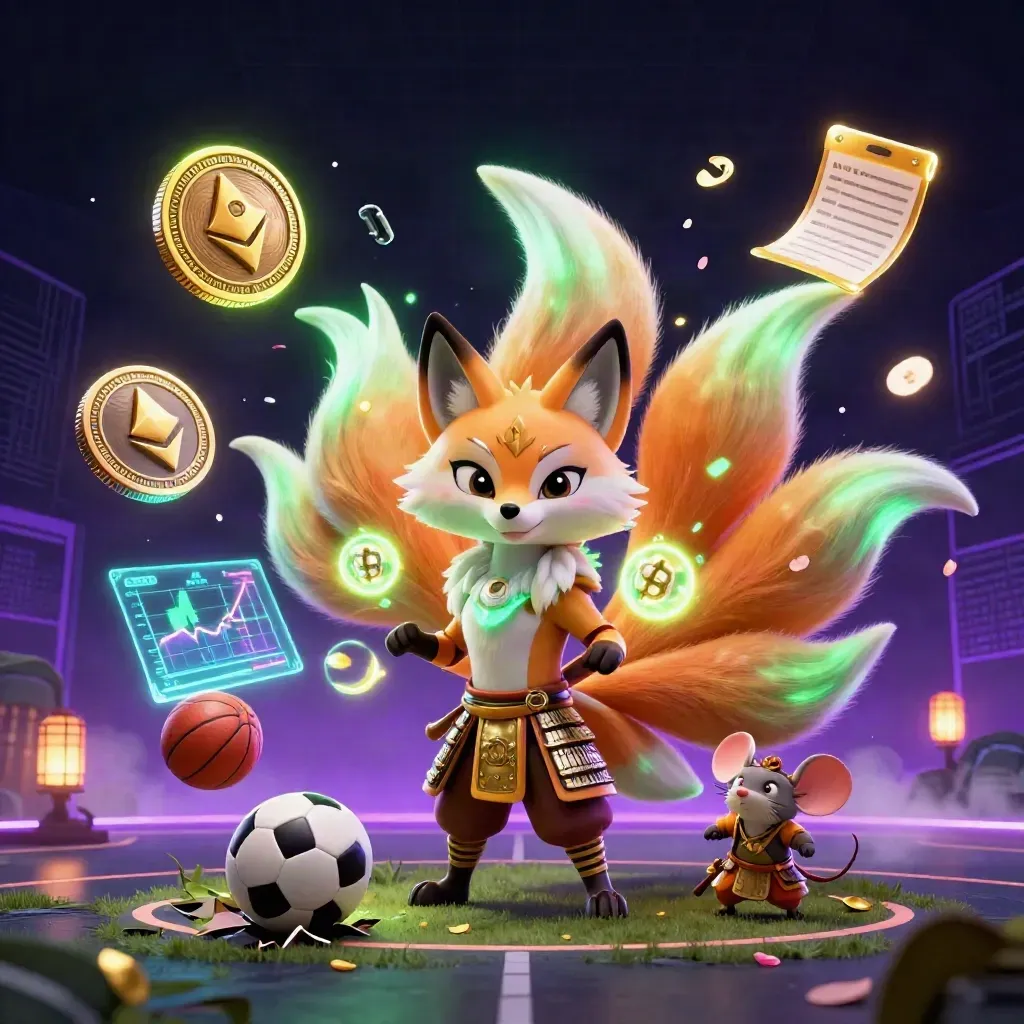 Neon fox spirit and samurai mouse with basketball, coins and magic on a dark court.