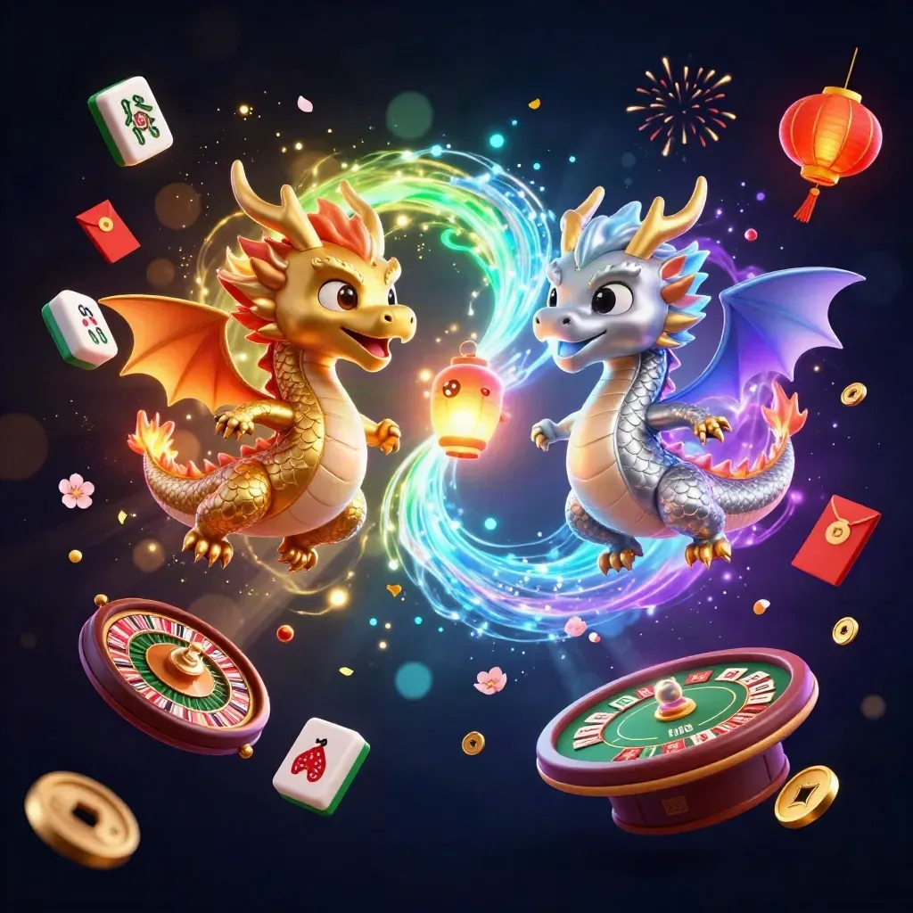 Gold and silver dragons swirl in fire-and-ice around casino lights, coins, lanterns, and cards.
