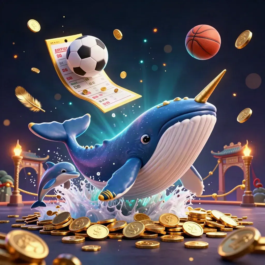 Whale captain, narwhal, dolphins and sports gear bursting through coins under neon casino lights