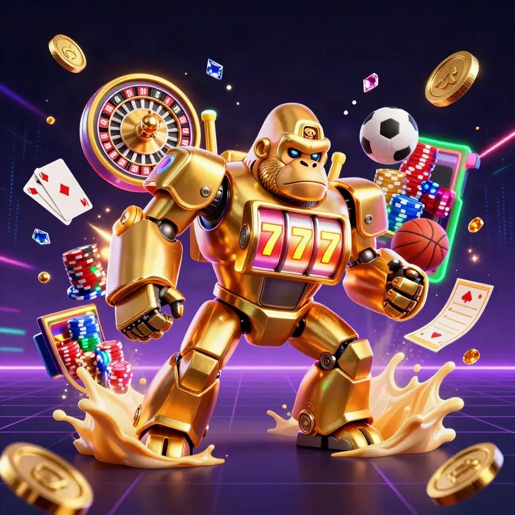 Golden gorilla mech with monkey pilot, casino symbols, neon sparks, dark sci-fi backdrop.