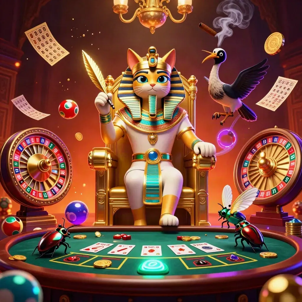 Pharaoh cat, ibis scribe and gem-wing scarabs amid casino glamour and spinning game elements.
