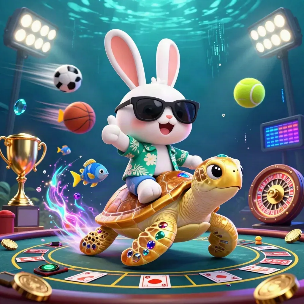 Cartoon rabbit rides a gold sea turtle in a neon underwater casino with balls, trophy, cards, and lights.
