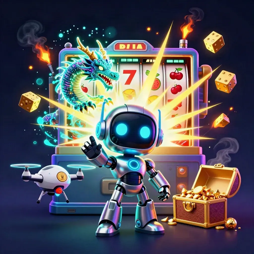 Cyberpunk robot, holographic dragon, and coin drone amid exploding slot machine treasure