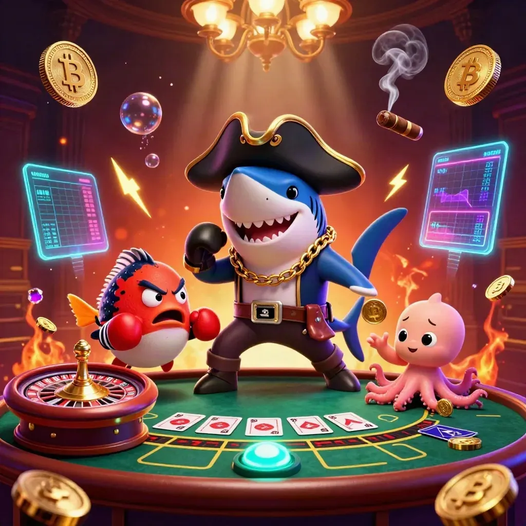 Pirate shark, boxing pufferfish, and coin-juggling octopus amid neon casino magic.