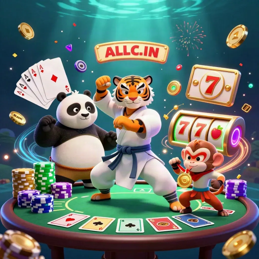 Tiger, panda, and monkey kung-fu trio amid casino chips, cards, neon swirls, and underwater light.