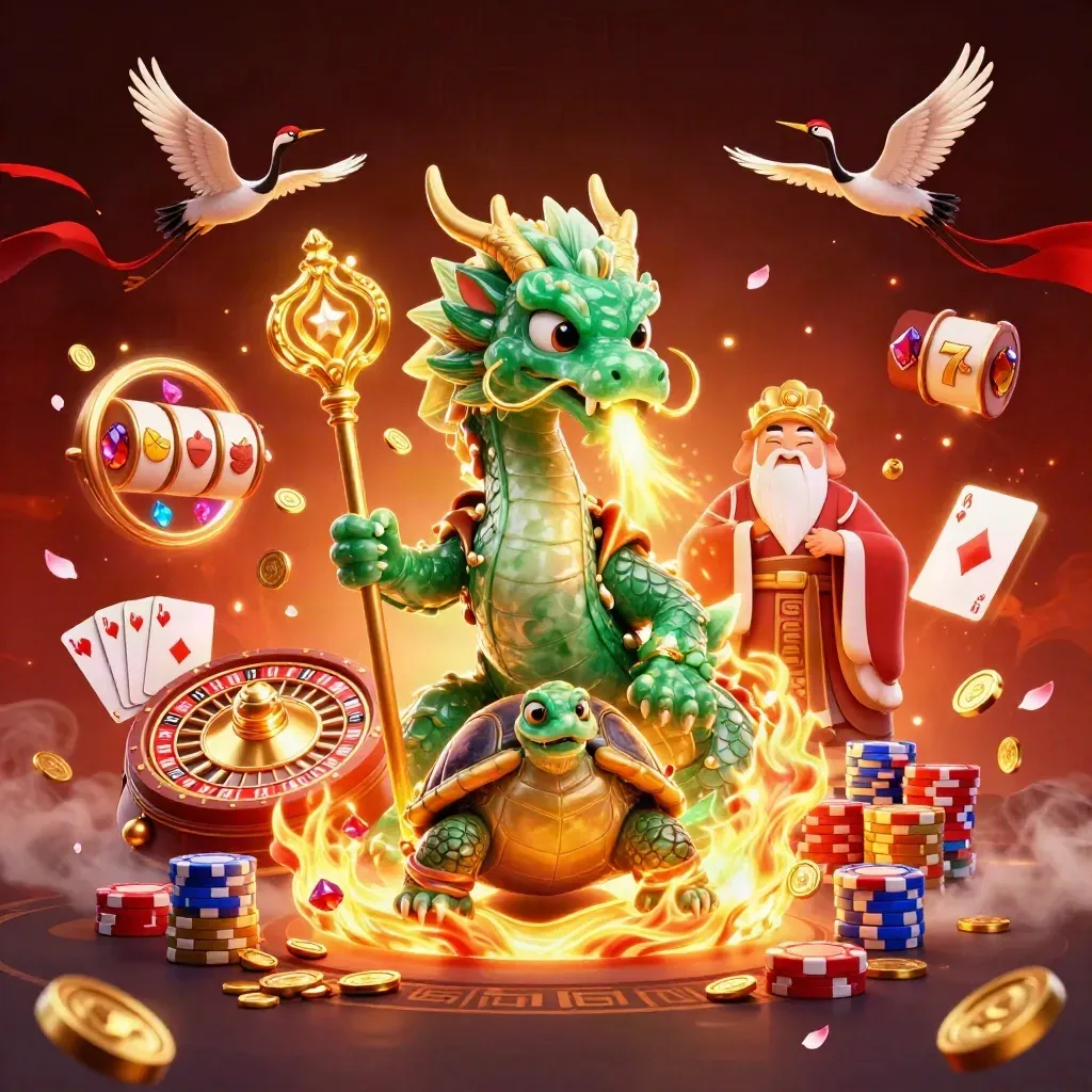 Emerald dragon, turtle sage, and cranes amid casino treasures, gold fire, and neon glow.