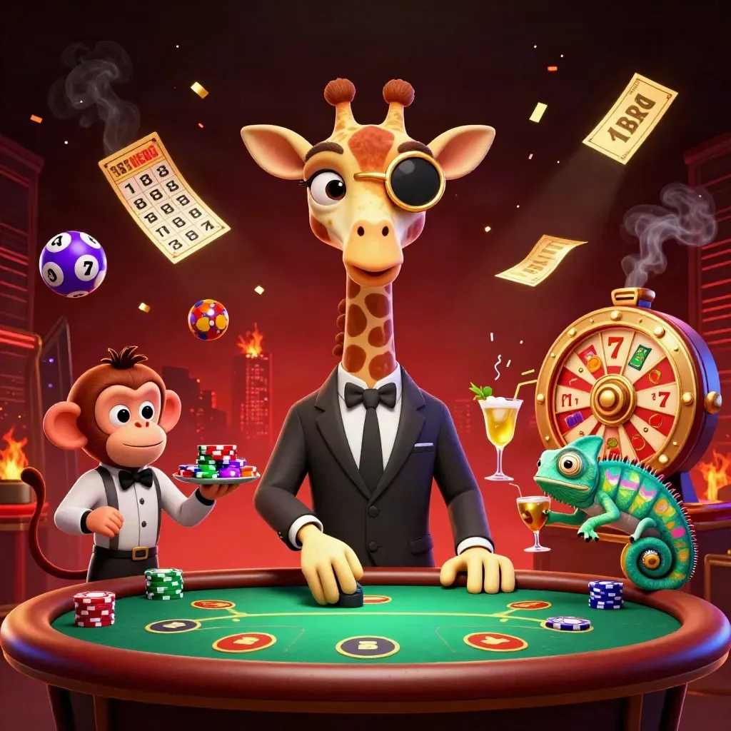Suit-clad giraffe, monkey valet, and chameleon bartender amid casino icons and neon light