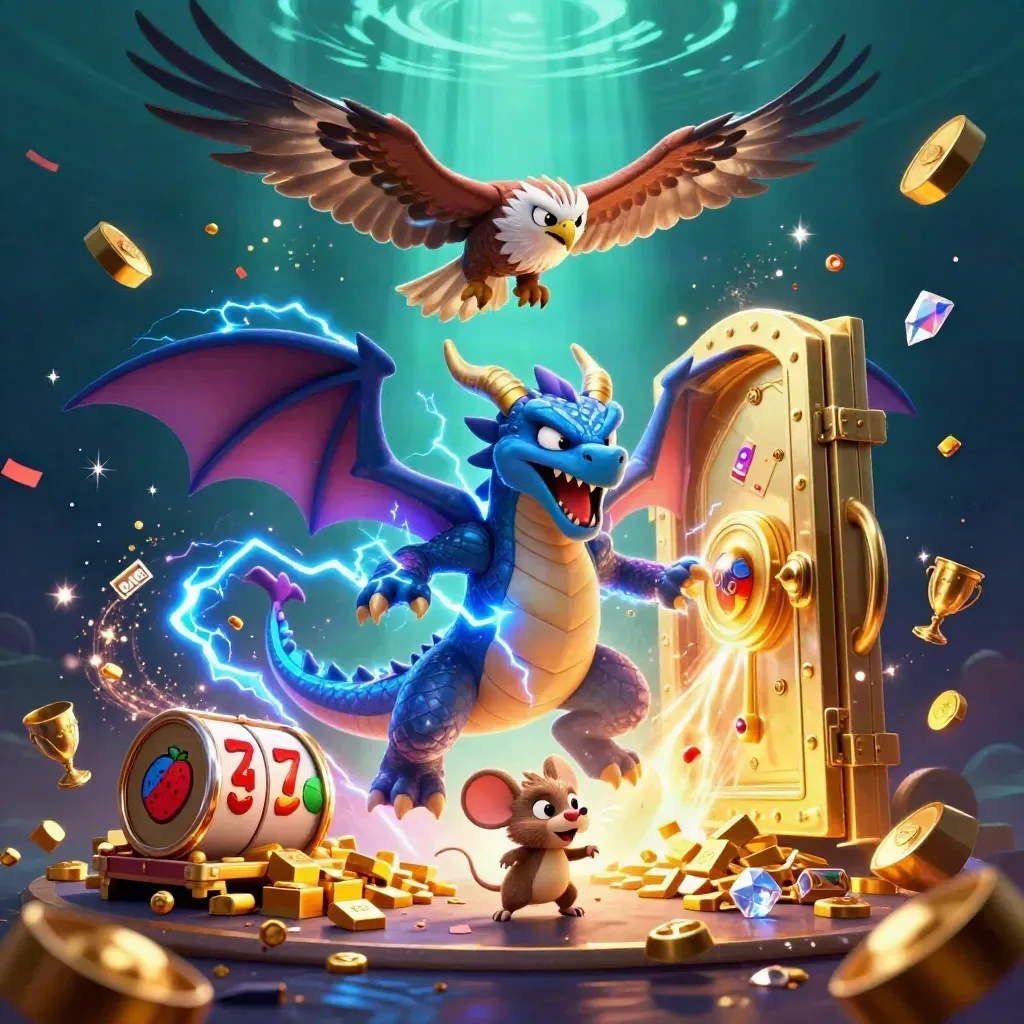 Thunder dragon, winged hawk and static mouse burst from a gold vault in neon casino energy.