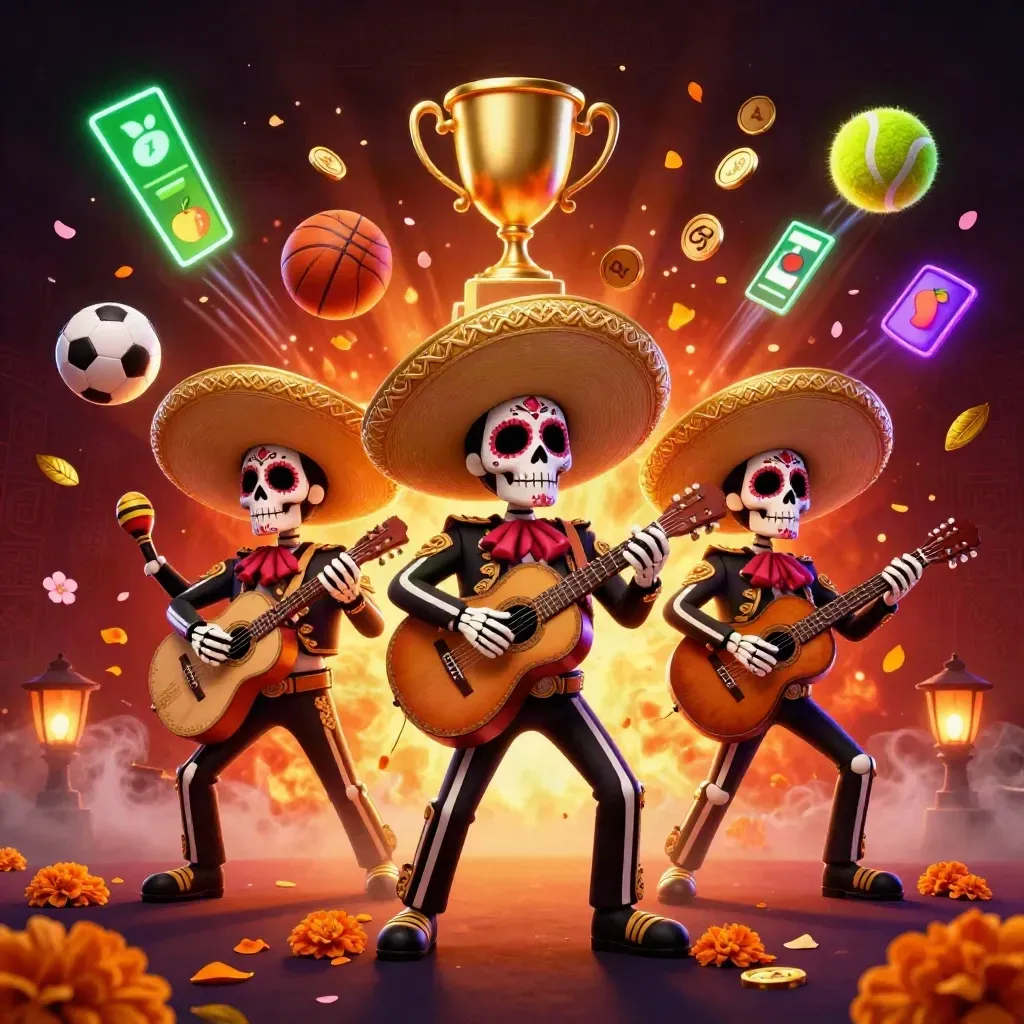 Skeleton mariachi trio with sports balls, coins, trophy, and neon casino glow