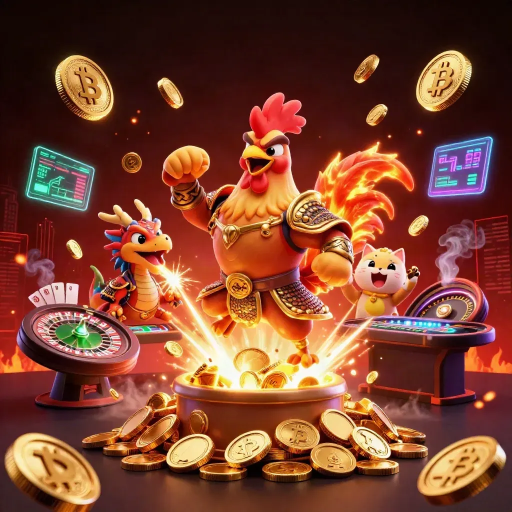 Rooster warrior, dragon hatchling, and fortune cat amid coins, casino neon, fireworks, and tech effects