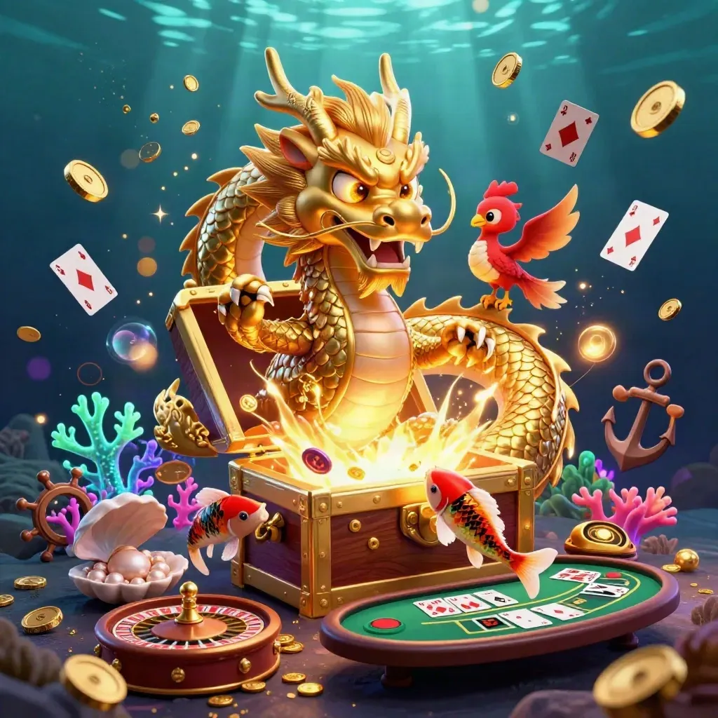 Golden dragon, phoenix, koi and casino riches bursting through an underwater neon treasure cove.