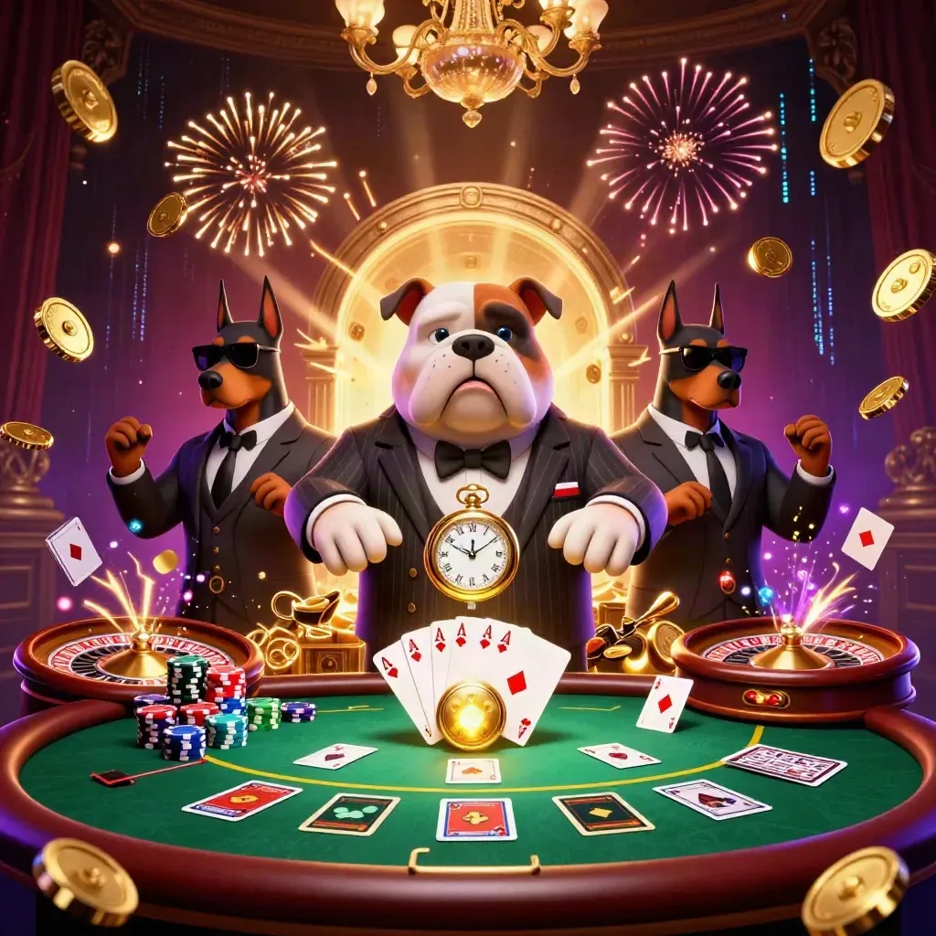 Cartoon mafia bulldog and Dobermans amid casino coins, chips, fireworks, and a spinning roulette wheel.