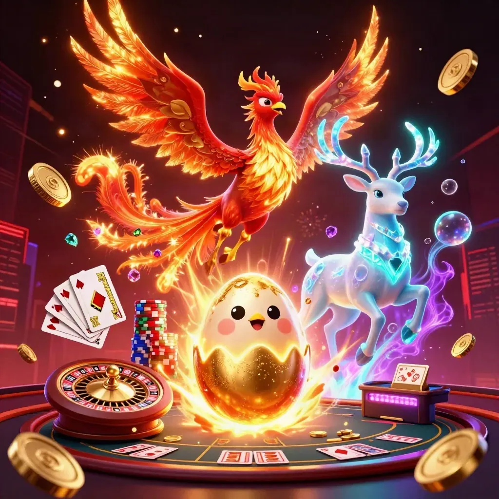 Phoenixes and a stag amid flying coins, roulette wheel, cards, and neon casino energy.