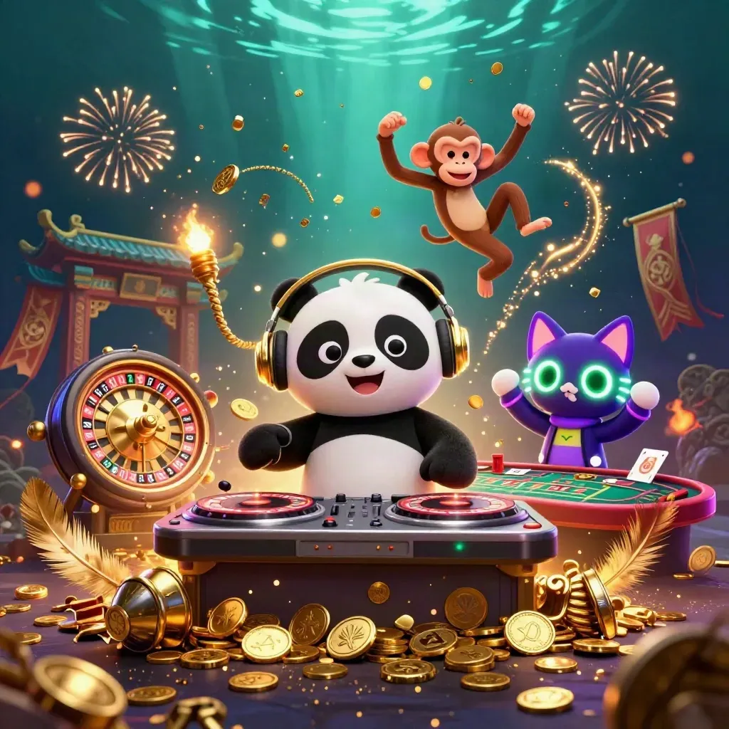 DJ panda, dancing monkey, and glow-stick kitten in a luxe casino treasure burst