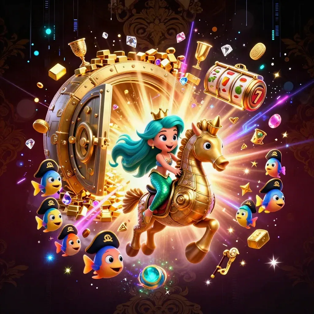 Mermaid princess rides a golden-armored seahorse amid treasure, reels, and neon casino energy.
