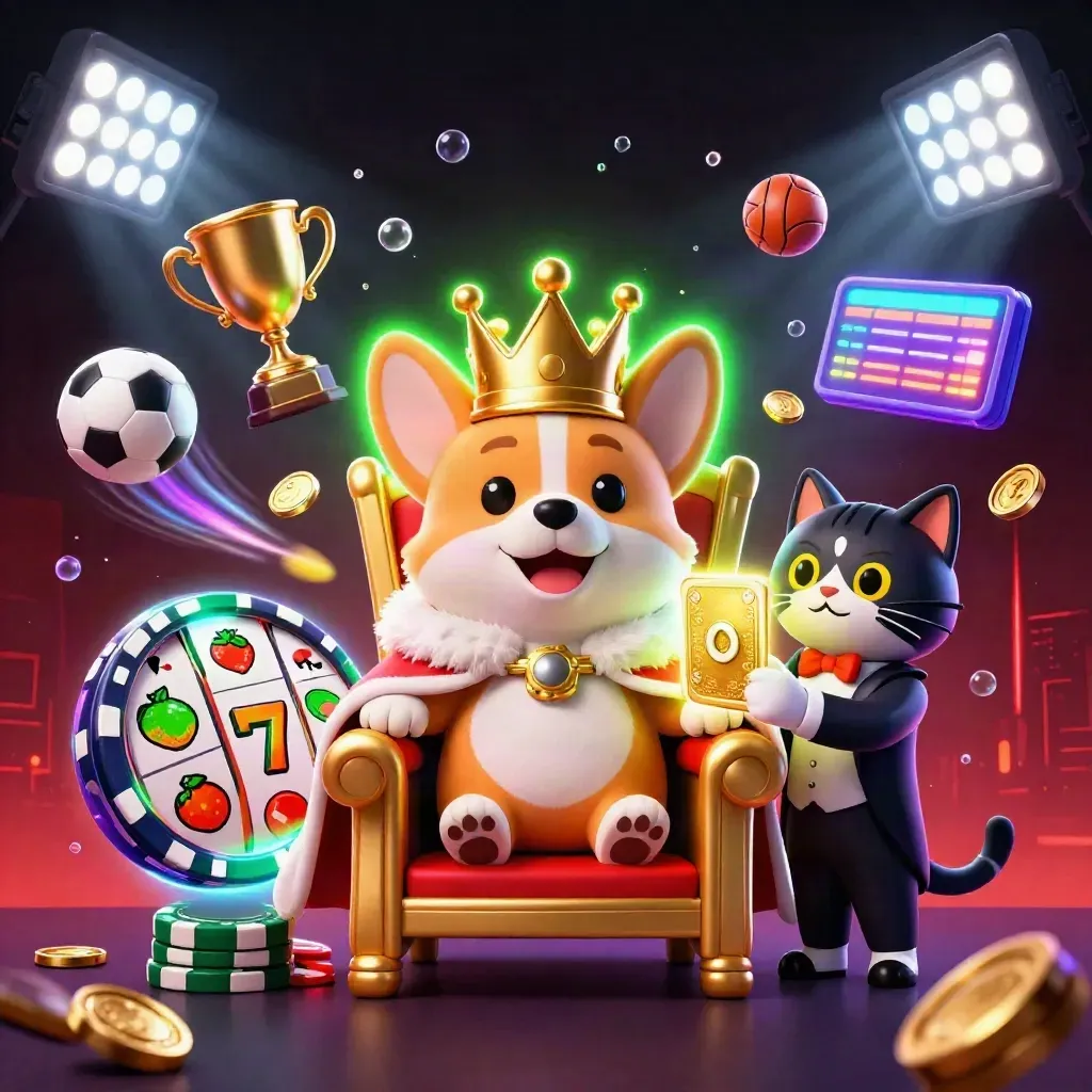 Royal corgi and cat butler on a chip throne with casino icons, balls, coins, and neon lights