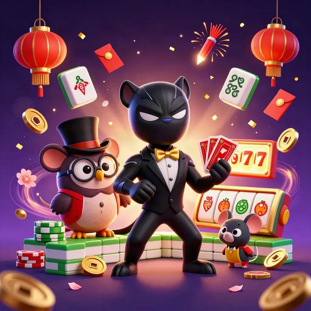 Black panther, owl, and mouse amid casino chips, lanterns, reels, and neon magic.