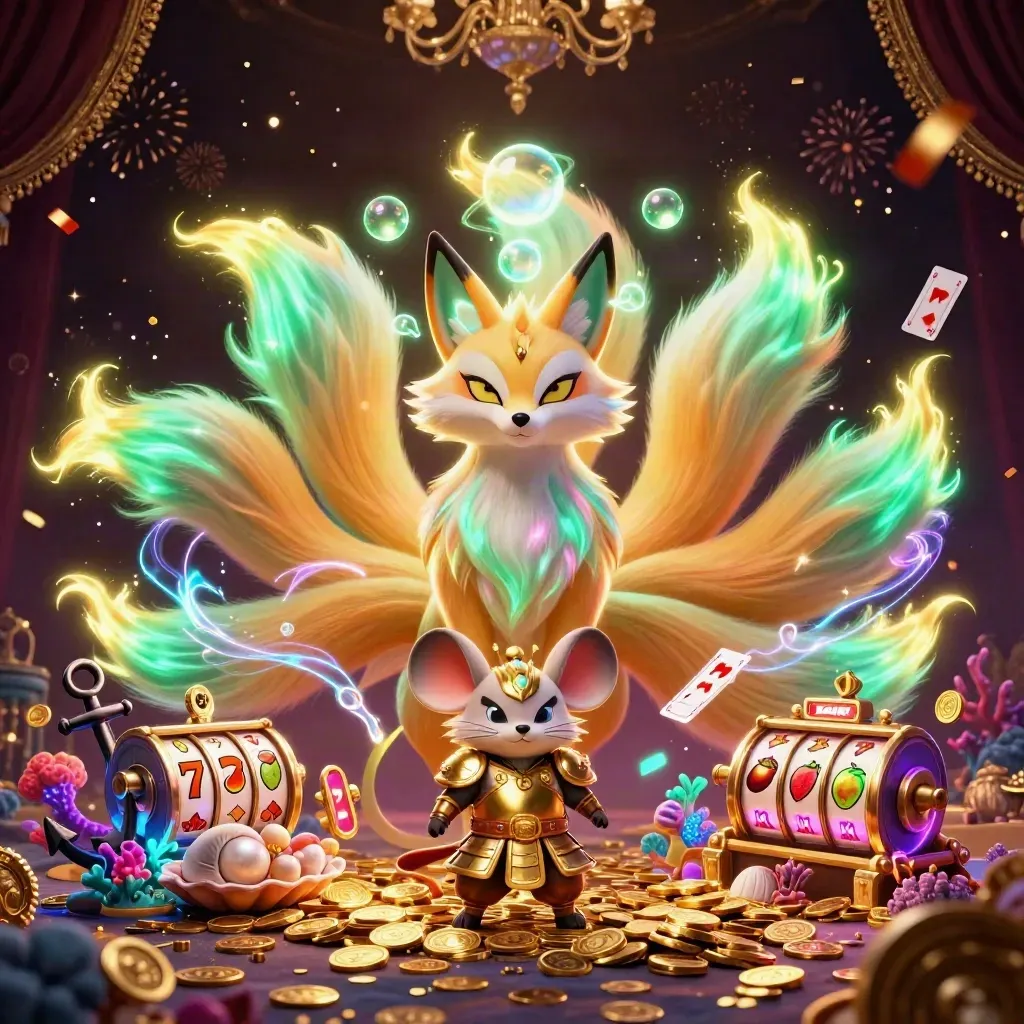 Nine-tailed fox spirit with armored mouse in a neon treasure cove, casino-fantasy splash art.