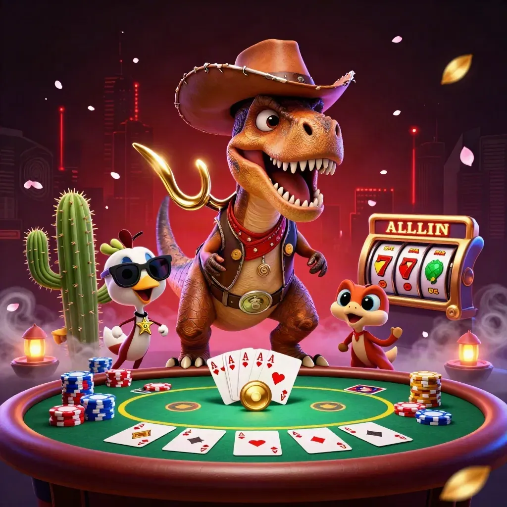 Cowboy T-Rex, cactus sidekick, and sheriff roadrunner at a neon casino poker table.