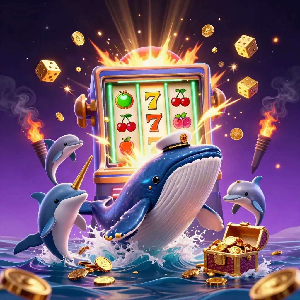 Captain whale, narwhal and dolphins burst through coins beside a slot machine and gold treasure.