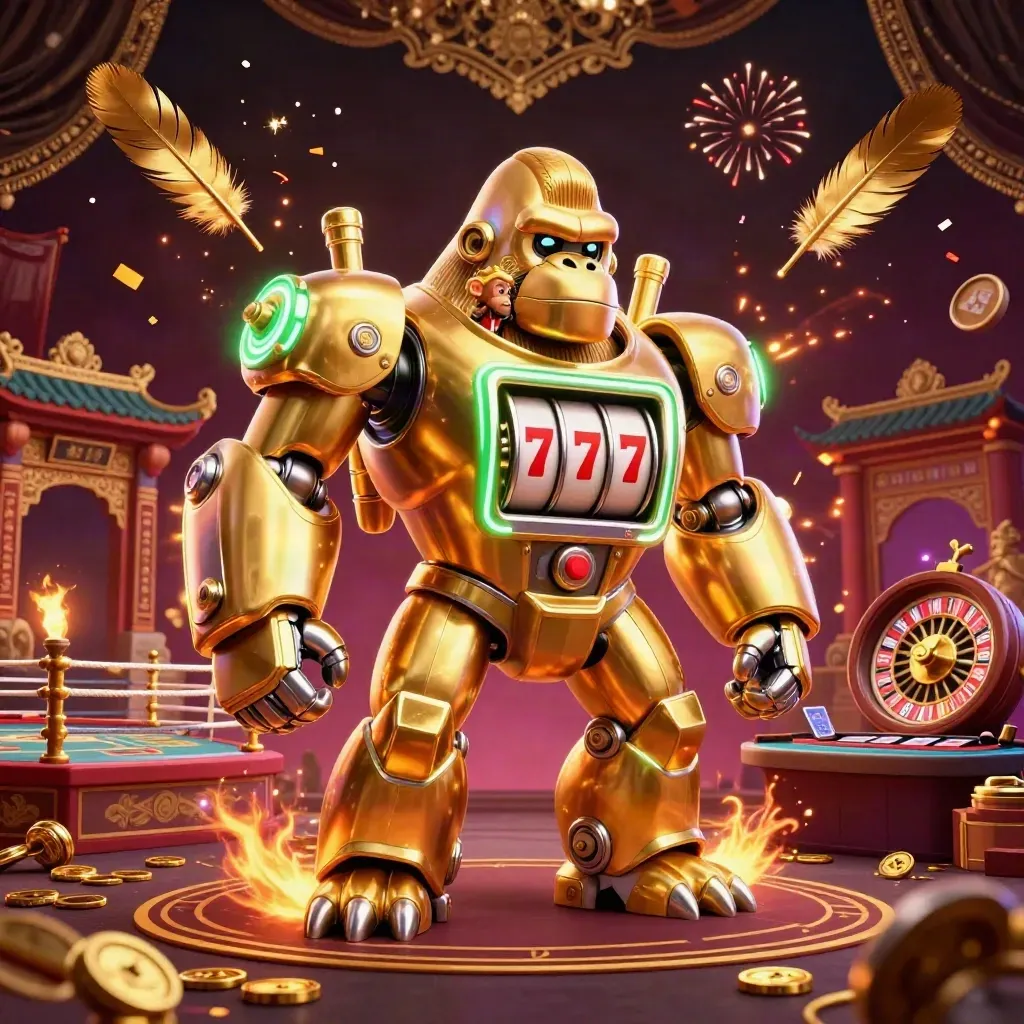 Golden gorilla slot-mech with monkey pilot amid casino relics and neon sparks