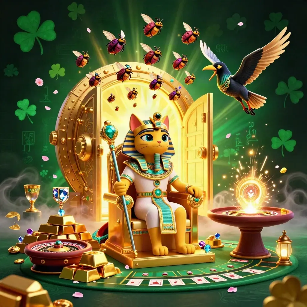 Pharaoh cat on golden throne with ibis scribe, scarabs, vault glow and casino icons