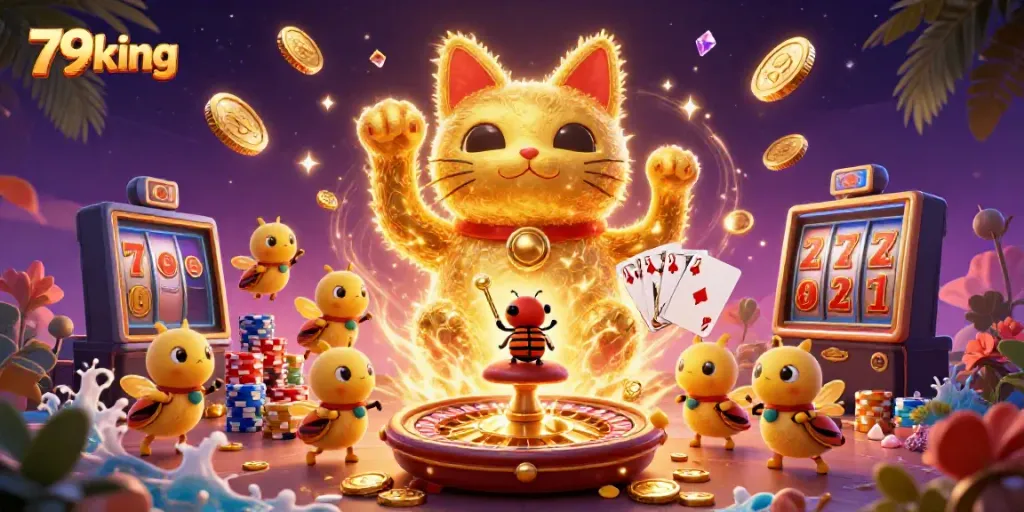 Win big at 79king with the energetic lucky cat and casino symbols illustration, capturing vibrant casino excitement.