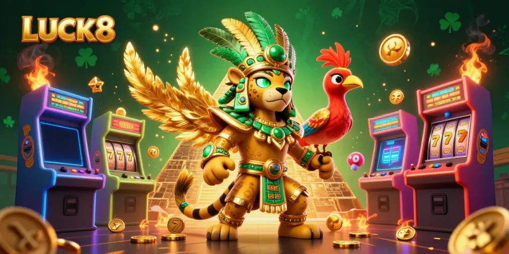 Experience high-stakes excitement with LUCK8 in a vibrant casino-themed illustration featuring jackpot elements.