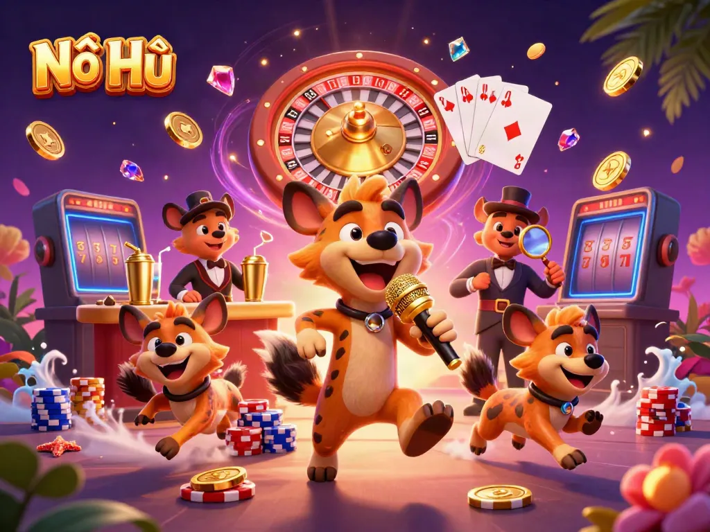 Nổ Hũ hyenas create an exciting casino atmosphere with gold coins and lively character interaction.