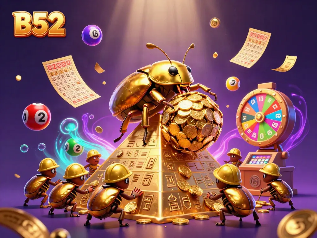 Engage in thrilling lottery games with B52, symbolized by colorful balls and vibrant casino elements.