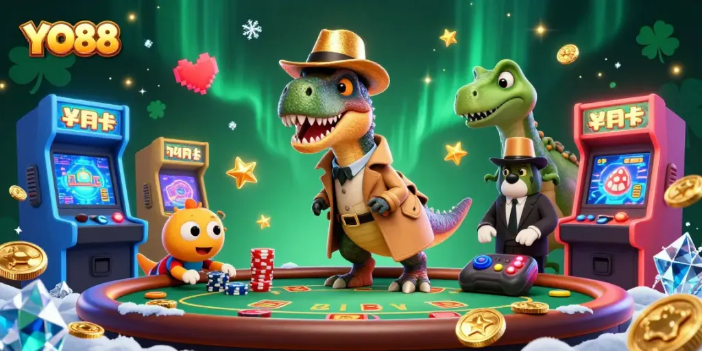 Enjoy thrilling gameplay at YO88 as a velociraptor tries to win big at a blackjack table.