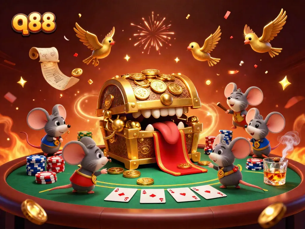 Experience excitement in q88 with a golden treasure chest, poker elements, and dynamic confetti celebration.