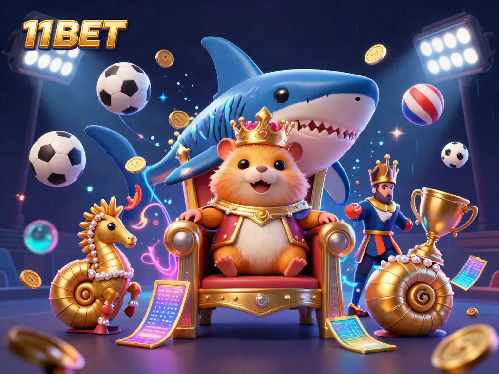 11BET showcases a golden hamster king and royal guards amidst dynamic sports symbols, celebrating online gaming.