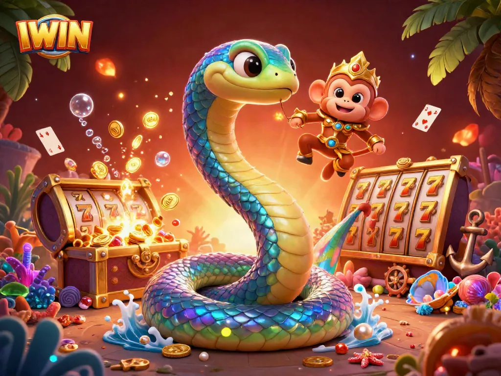 IWIN’s vibrant slot gaming scene with a rainbow serpent, monkey king, and treasure chest bursting with coins.